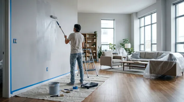 Painter rolling a living room wall in a Toluca Lake home with furniture covered