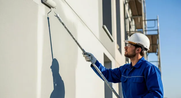 Painter rolling the exterior wall of a studio-area building in Burbank